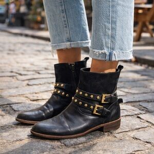 Coach New York Studded Harness Moto Ankle Boots Black Leather Size 6B